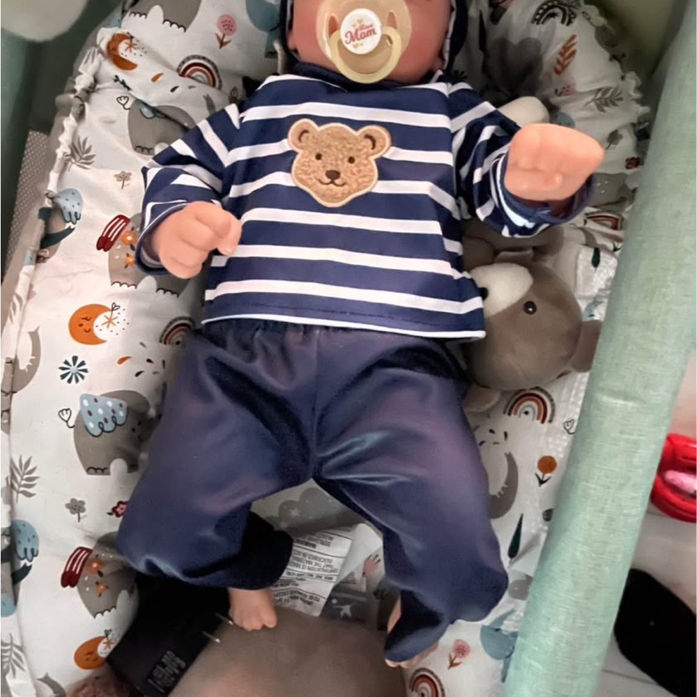 Reborn baby doll with Striped Baby Outfit with Bear Patch - sound effects & more